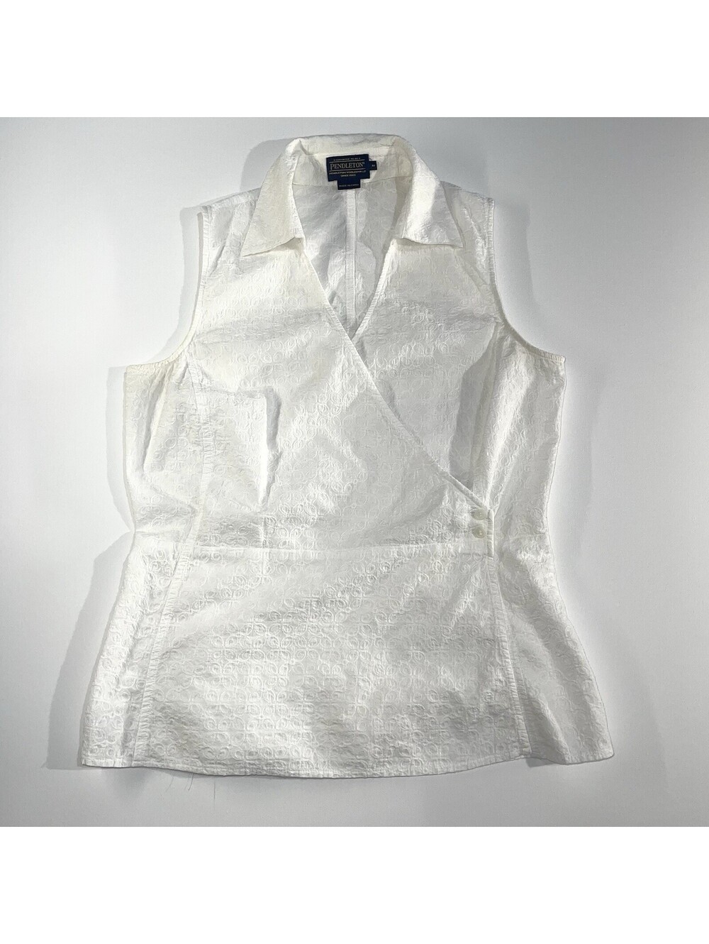 Pendleton Sleeveless Blouse Embroidered Wrap Peplum White Medium Sheer Casual